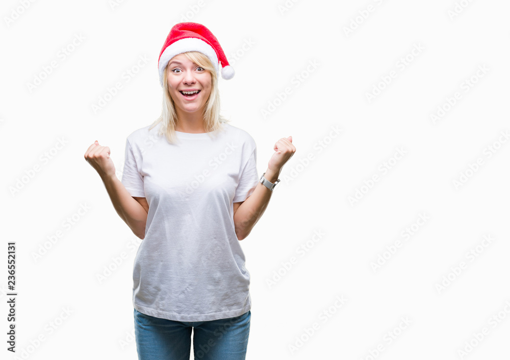 Young beautiful blonde woman wearing christmas hat over isolated background celebrating surprised and amazed for success with arms raised and open eyes. Winner concept. Young beautiful blonde woman wearing christmas hat over isolated background celebrating surprised and amazed for success with arms raised and open eyes. Winner concept.