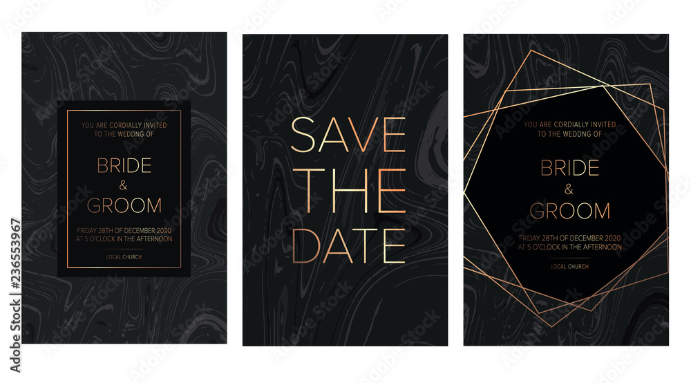 Obraz premium Luxury wedding invitation cards with black gold marble texture and gold geometric pattern vector design template.Trendy wedding invitation.All elements are isolated and editable.