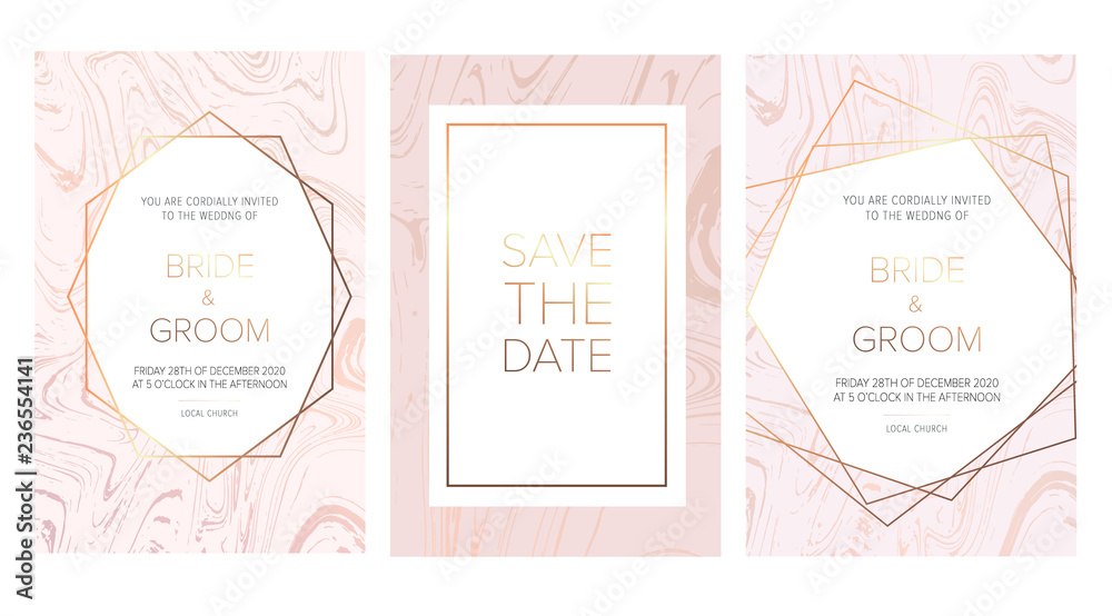 Luxury wedding invitation cards with rose marble texture and gold geometric pattern vector design template.Trendy wedding invitation.All elements are isolated and editable. Luxury wedding invitation cards with rose marble texture and gold geometric pattern vector design template.Trendy wedding invitation.All elements are isolated and editable.