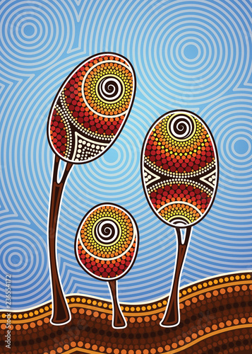 Tree on the hill, Aboriginal tree, Aboriginal art vector painting with tree.
