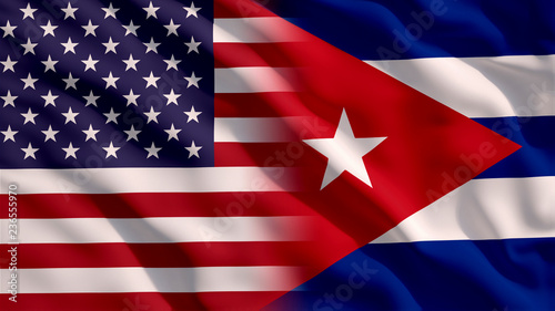 Photography Waving USA and Cuba Flags
