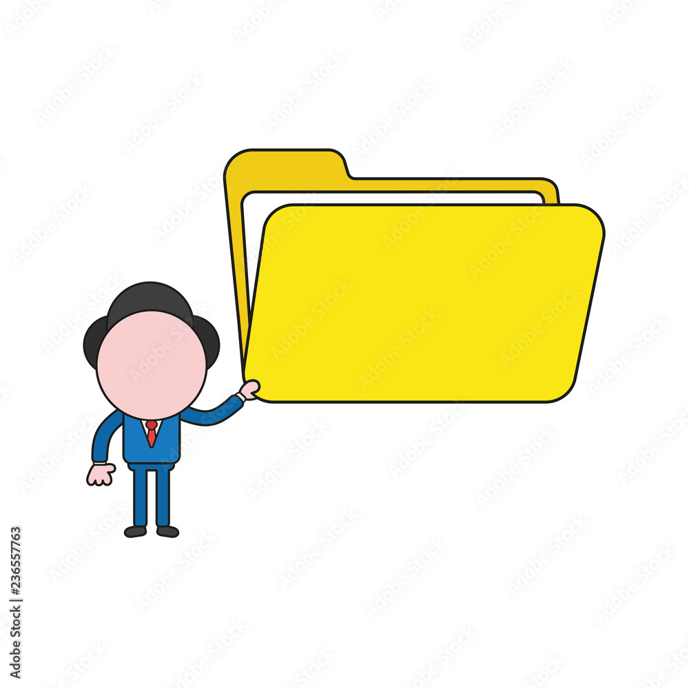 Vector illustration concept of businessman character opened file folder. Color and black outlines. Vector illustration concept of businessman character opened file folder. Color and black outlines.