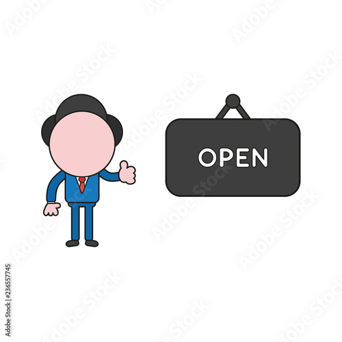 Vector illustration of businessman character with open hanging sign and showing thumbs-up. Color and black outlines.