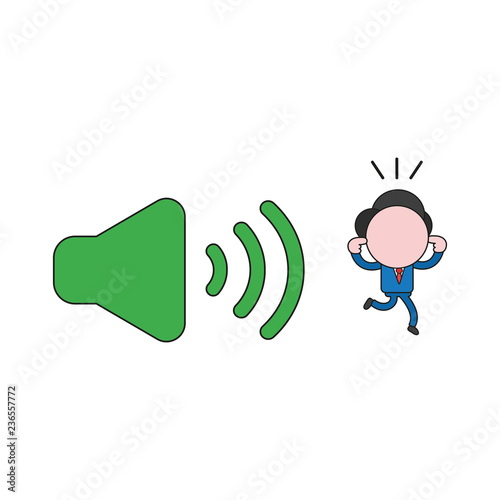 Vector illustration of businessman character closed ears and running away from sound symbol. Color and black outlines.