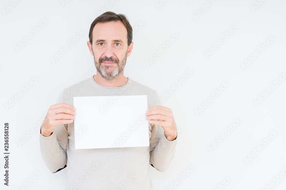 Foto de Senior man holding blank paper sheet over isolated background with  a confident expression on smart face thinking serious do Stock | Adobe Stock