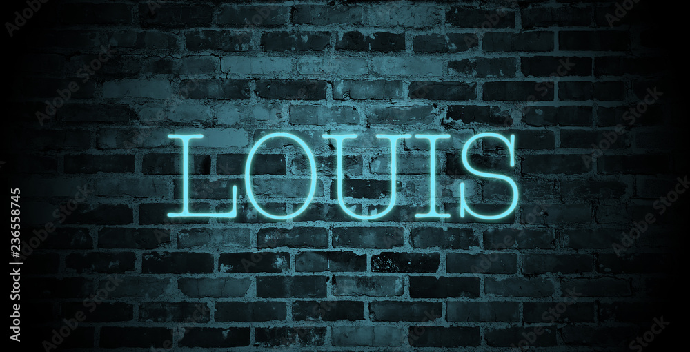 first name Louis in blue neon on brick wall first name Louis in blue neon on brick wall