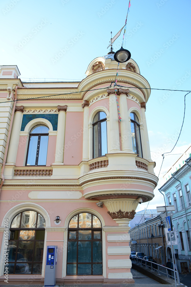 NIZHNY NOVGOROD, RUSSIA - AUGUST 16, 2018: Beautiful architecture in historical Rozhdestvenskaya Street in the city center