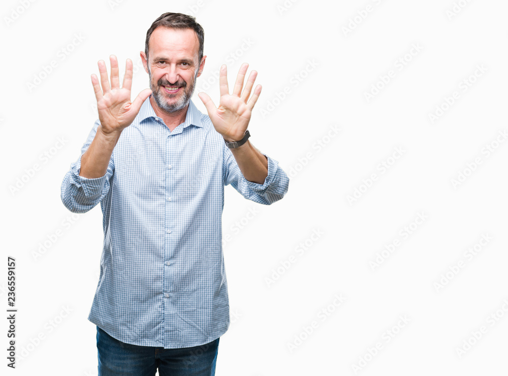 Naklejka premium Middle age hoary senior business man over isolated background showing and pointing up with fingers number ten while smiling confident and happy.