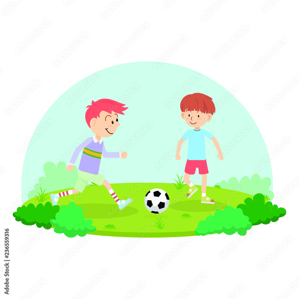An action sport vector of a group of kids playing soccer football for exercise in school playground.