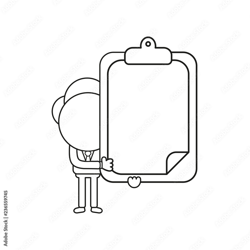 Vector illustration of businessman character holding clipboard with blank paper. Black outline. Vector illustration of businessman character holding clipboard with blank paper. Black outline.