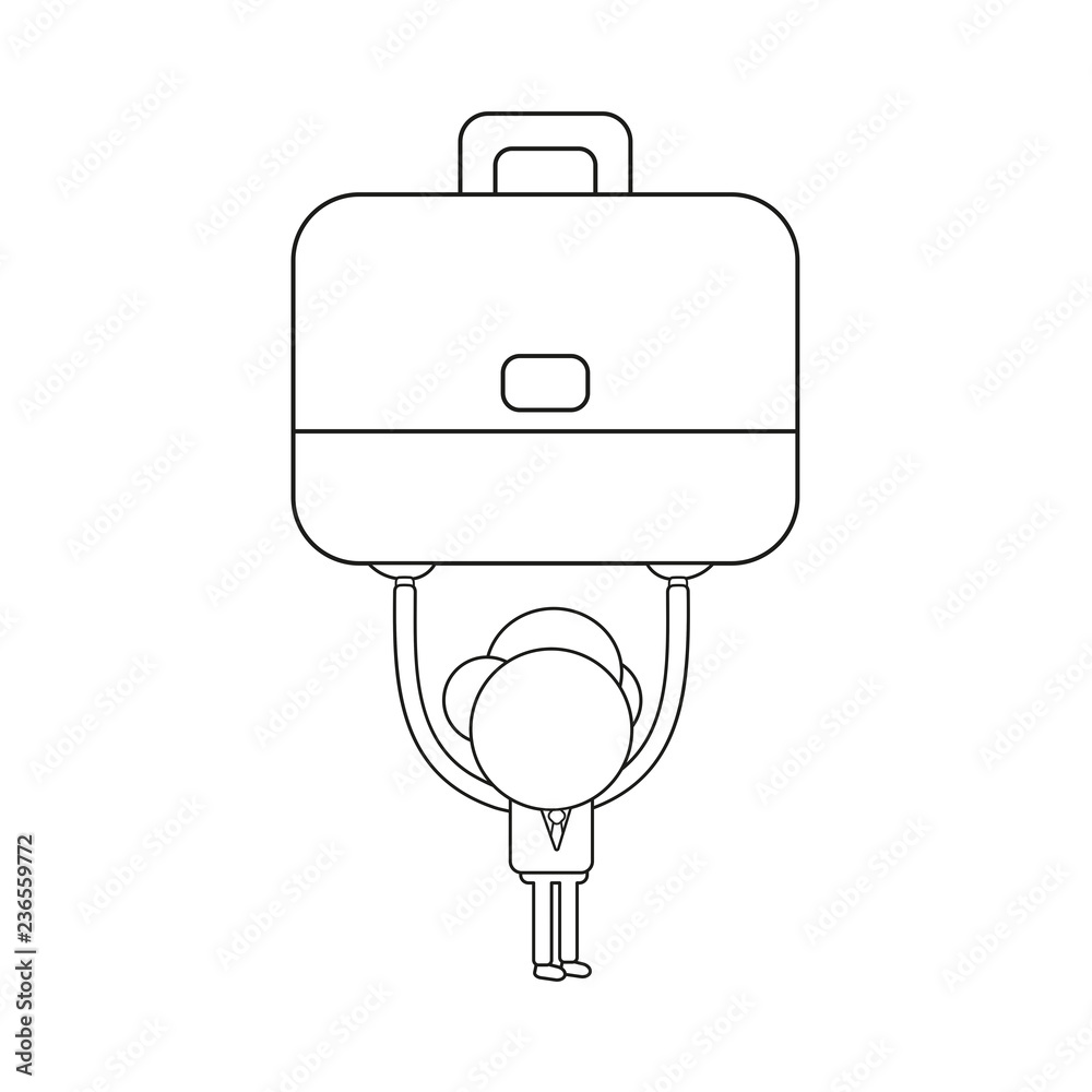 Vector illustration of businessman character holding up briefcase. Black outline. Vector illustration of businessman character holding up briefcase. Black outline.