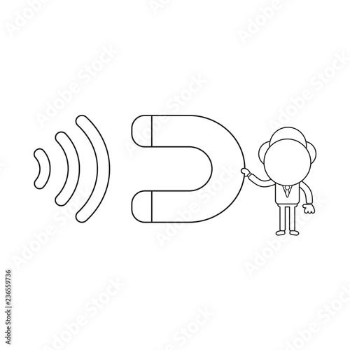 Vector illustration of businessman character holding magnet and attracting. Black outline.
