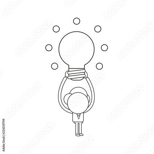 Vector illustration of businessman character holding up glowing light bulb. Black outline.