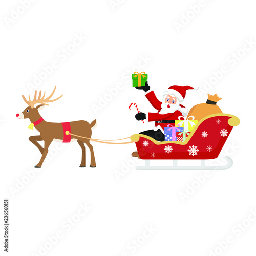 Santa Claus's reindeer pull a sleigh through the night sky to help Santa Claus deliver gifts to children on Christmas Eve.Picture isolated on white background.