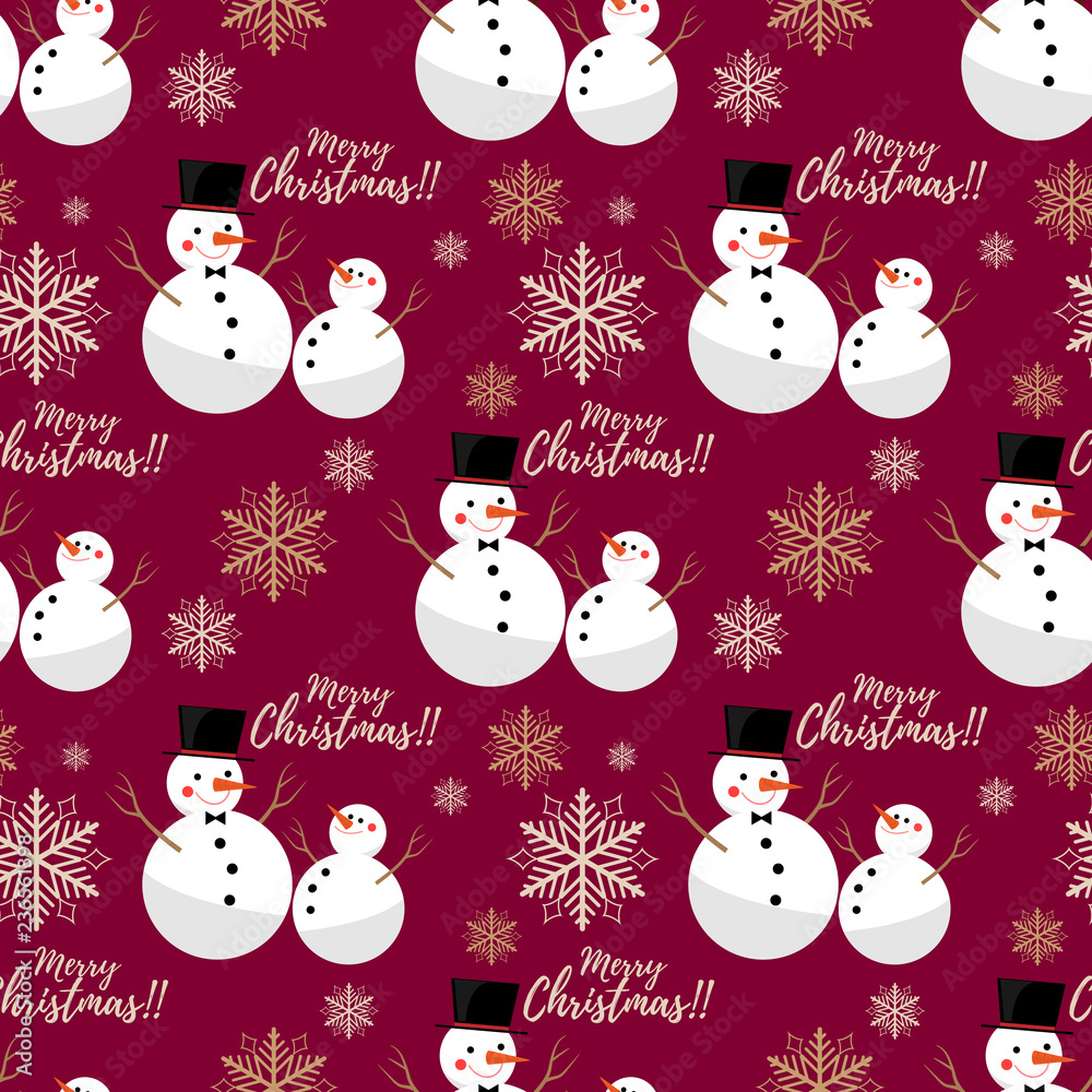 Seamless pattern of cute snowman with Merry Christmas text and snowflakes on red background. Vector illustration. Seamless pattern of cute snowman with Merry Christmas text and snowflakes on red background. Vector illustration.