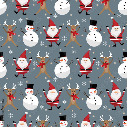 Christmas holiday seamless pattern of Santa Claus with reindeer wearing a red scarf and snowman wearing a black hat on a gray background with snowflakes. Vector illustration. 