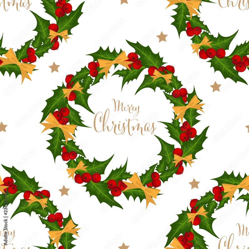Seamless pattern of Christmas wreath decorated with holly berries and yellow ribbons on white background with Merry Christmas text and stars. Vector illustration. Seamless pattern of Christmas wreath decorated with holly berries and yellow ribbons on white background with Merry Christmas text and stars. Vector illustration.