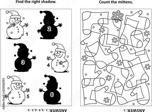 Two visual puzzles and coloring page for kids. Find the shadow for each picture of snowman. Count the mittens. Black and white. Answers included.