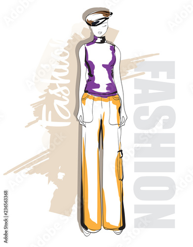 Fashion girl Sketch. Stylish fashion model. Pretty young girl.