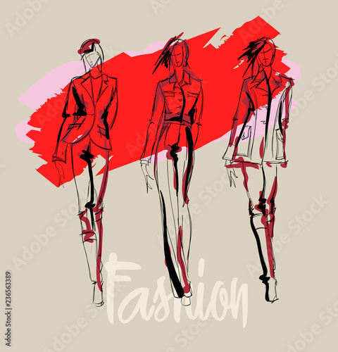 Sketch. Fashion Girls on a white background. Vector illustration