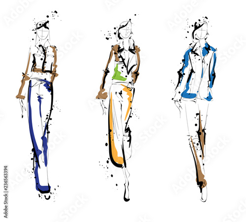 Sketch. Fashion Girls on a white background. Vector illustration