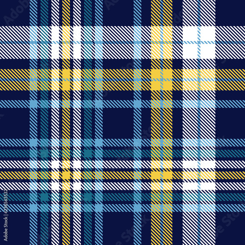 Plaid pattern in navy, blue, yellow and white
