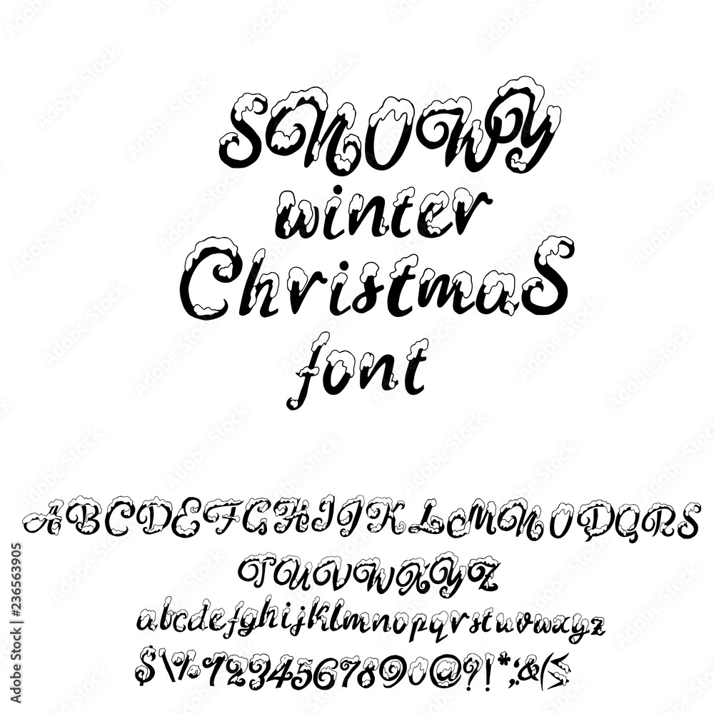 Christmas snowy alphabet. Holiday font with snow. Handdrawn letters and numbers. Vector illustration