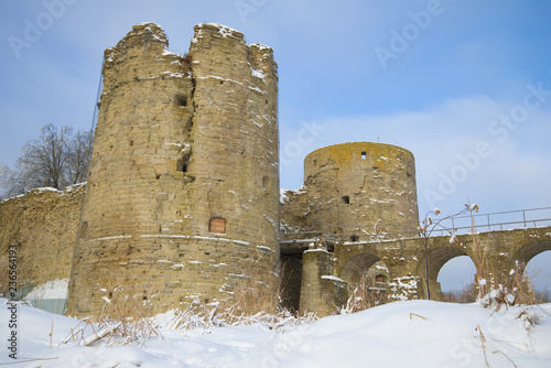 At the towers of the ancient Koporye fortress in February day. Leningrad Region, Russia
