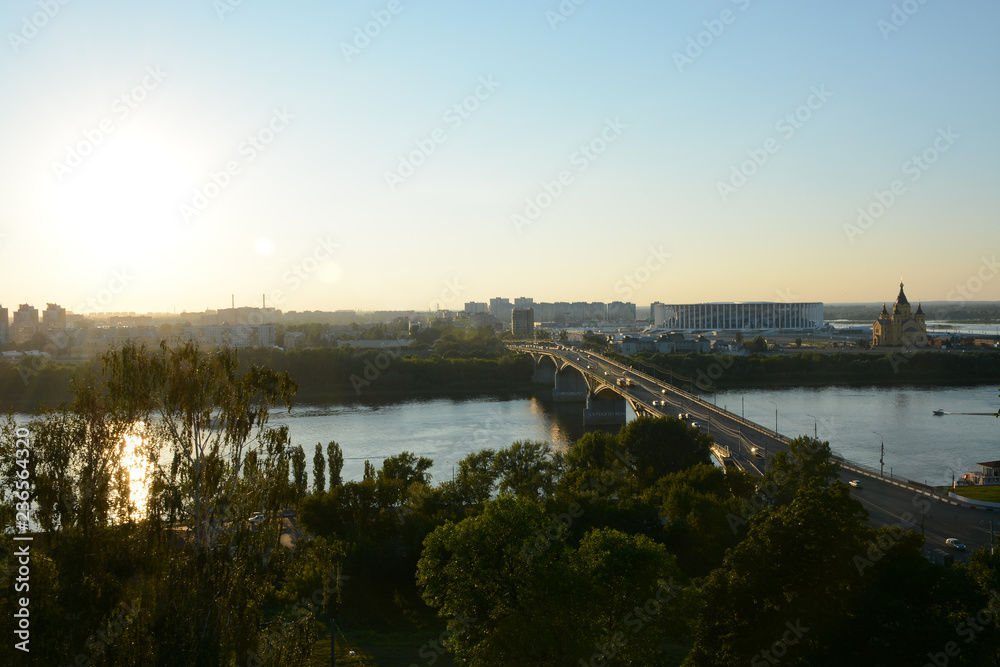 NIZHNY NOVGOROD, RUSSIA - JULY 31, 2018: Panoramic view from Fedorovsky embankment one of the most beautiful viewpoints in Nizhny Novgorod