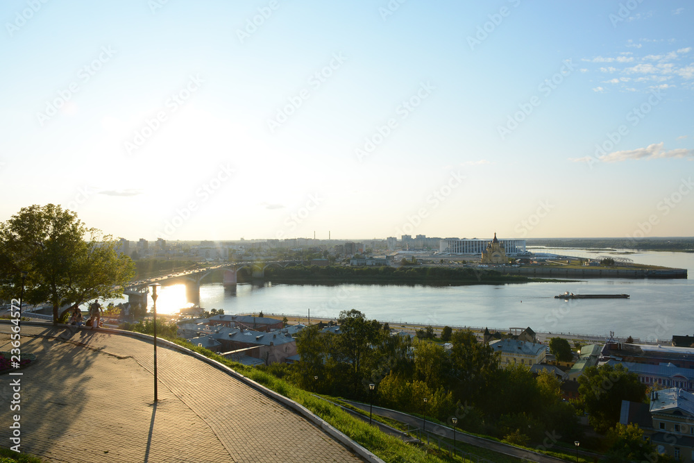NIZHNY NOVGOROD, RUSSIA - JULY 31, 2018: Panoramic view from Fedorovsky embankment during the sunset