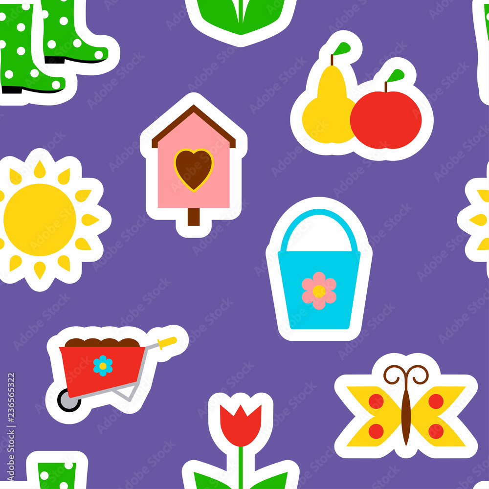Seamless pattern with garden icons. Vector illustration in flat style.