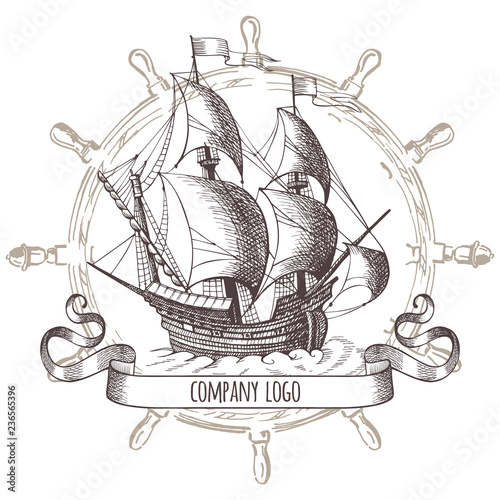 Adventure stories. Pirate background. Vintage border frame. Old caravel, vintage sailboat