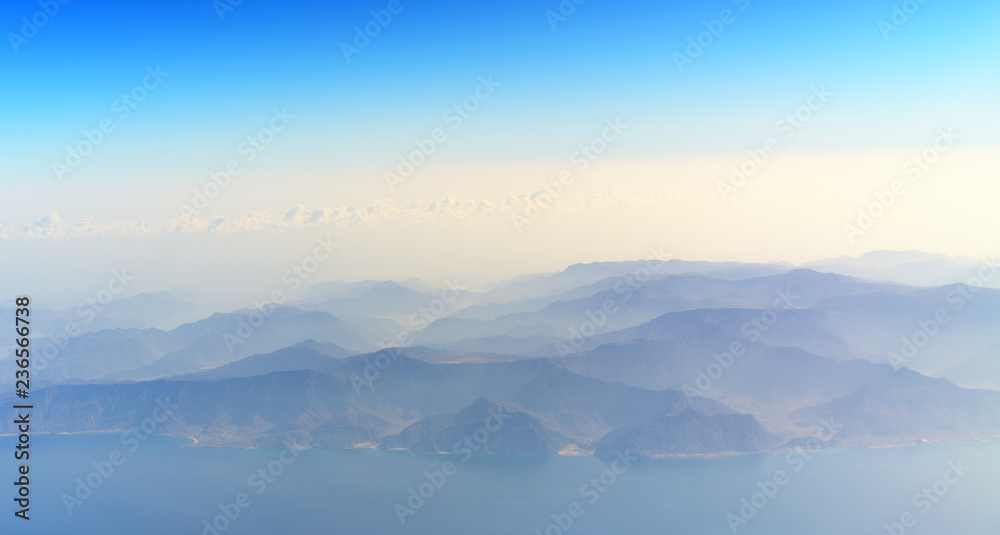 Aerial view of mountains on the coast of the Persian Gulf in UAE
