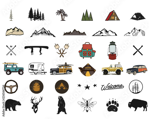 Canvas Print Vintage hand drawn adventure symbols, hiking, camping shapes of backpack, wild animals, canoe, surf car, backpack