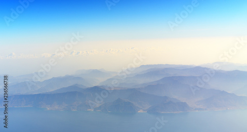 Aerial view of mountains on the coast of the Persian Gulf in UAE