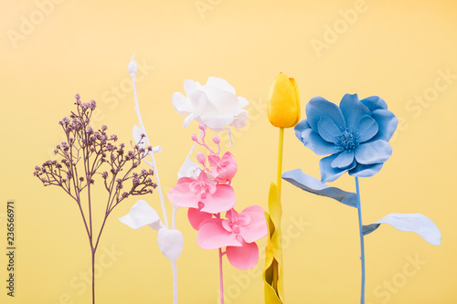 Variety of colorful flowers on yellow background