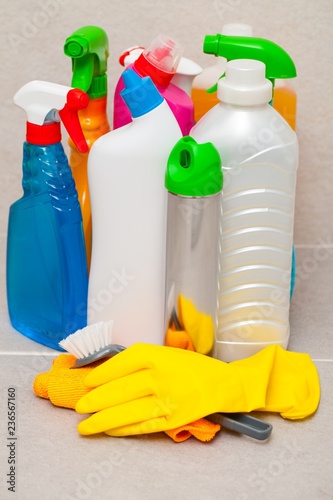 Colorful cleaning products in the bathroom