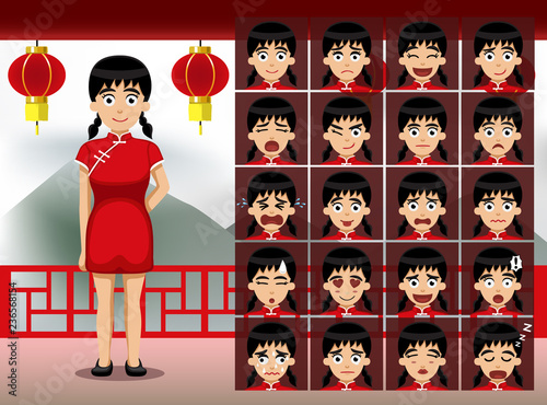 Chinese Teen Girl Cartoon Emotion faces Vector Illustration
