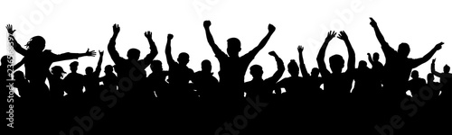 Cheerful people having fun celebrating. Cheers joy of victory. Group of friends, youth. Crowd of fun people on party, holiday. Applause people hands up. Silhouette Vector Illustration