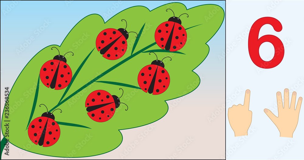 Ladybugs. Number 6 (six). Learning counting, mathematics. Education for kids. Vector illustration.