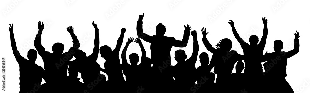 Crowd of fun people on party, holiday. Cheerful people having fun celebrating. Applause people hands up. Holiday victory. Cheer people sport fan. Silhouette Vector Illustration