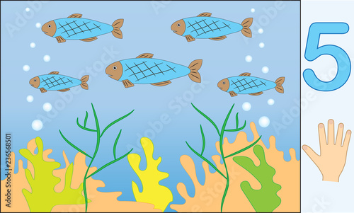 Fishes. Number 5  five . Learning counting  mathematics. Education for kids. Vector illustration.