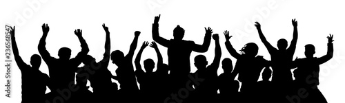 Crowd of fun people on party, holiday. Cheerful people having fun celebrating. Applause people hands up. Holiday victory. Cheer people sport fan. Silhouette Vector Illustration