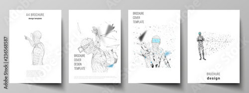 The vector layout of A4 format modern cover mockups design templates for brochure, magazine, flyer, booklet, annual report. Man with glasses of virtual reality. Abstract vr, future technology concept.