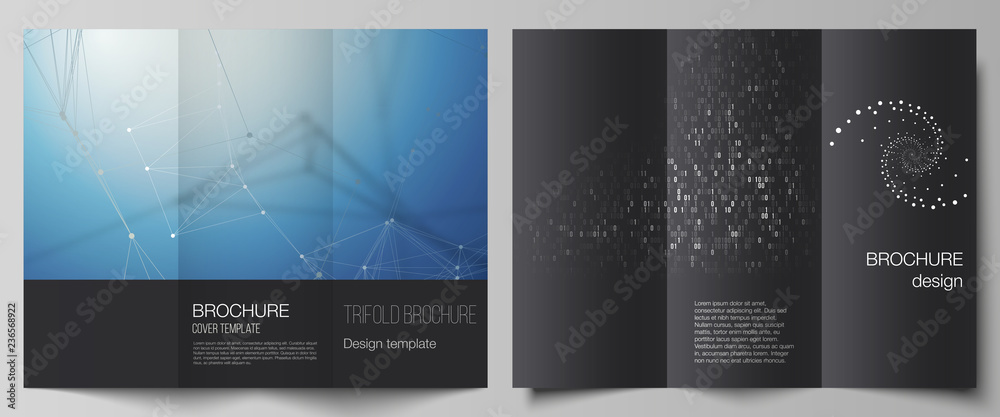 The minimal vector illustration of editable layouts. Modern creative covers design templates for trifold brochure or flyer. Technology, science, future concept abstract futuristic backgrounds.