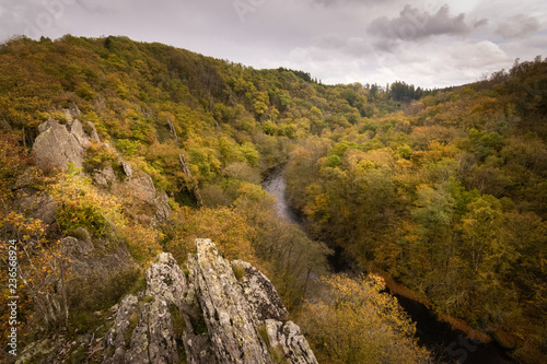 Beautiful view at the Ourthe valley from Le Herou cliffs at autumn season
