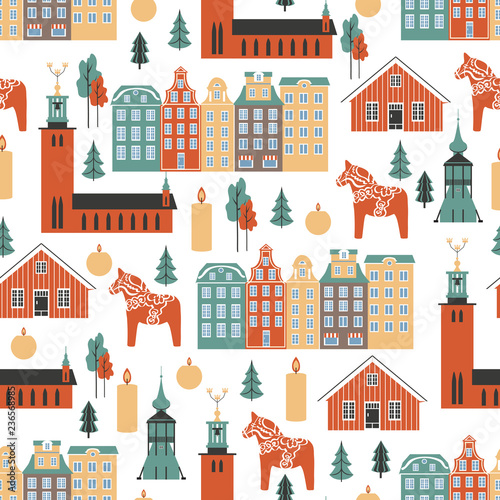 Seamless pattern, Swedish travel cartoon vector landmark, flat buildings, City Hall of Stockholm, Gamla Stan, Bell Tower of Church, Kiruna, Dalarna horse, candle, tree isolated on white background