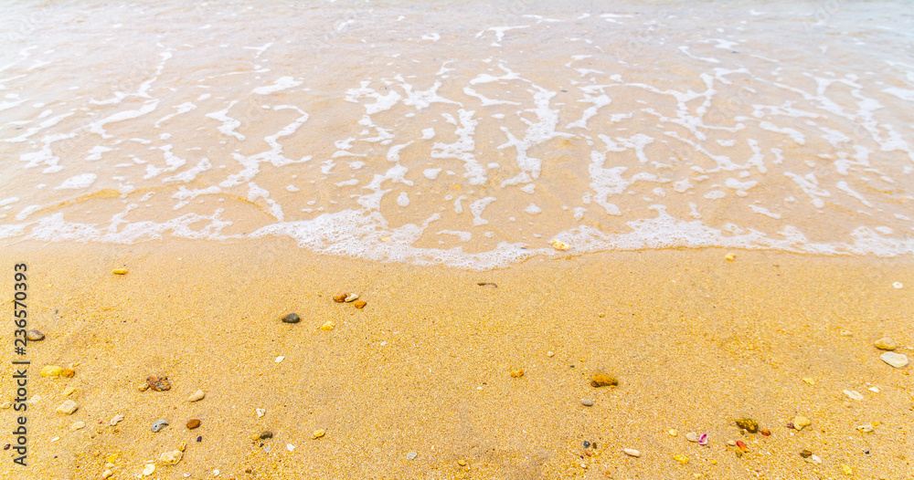 ocean blue wave on sandy beach with sea shell summer background