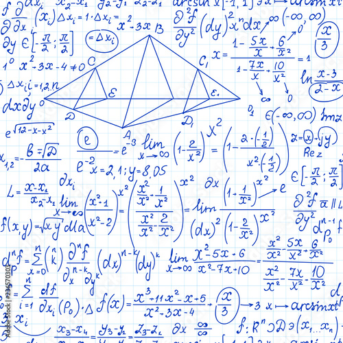 Math vector seamless pattern with algebra formulas, calculations and plots, handwritten on a grid copybook sheet of paper