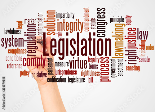 Legislation word cloud and hand with marker concept